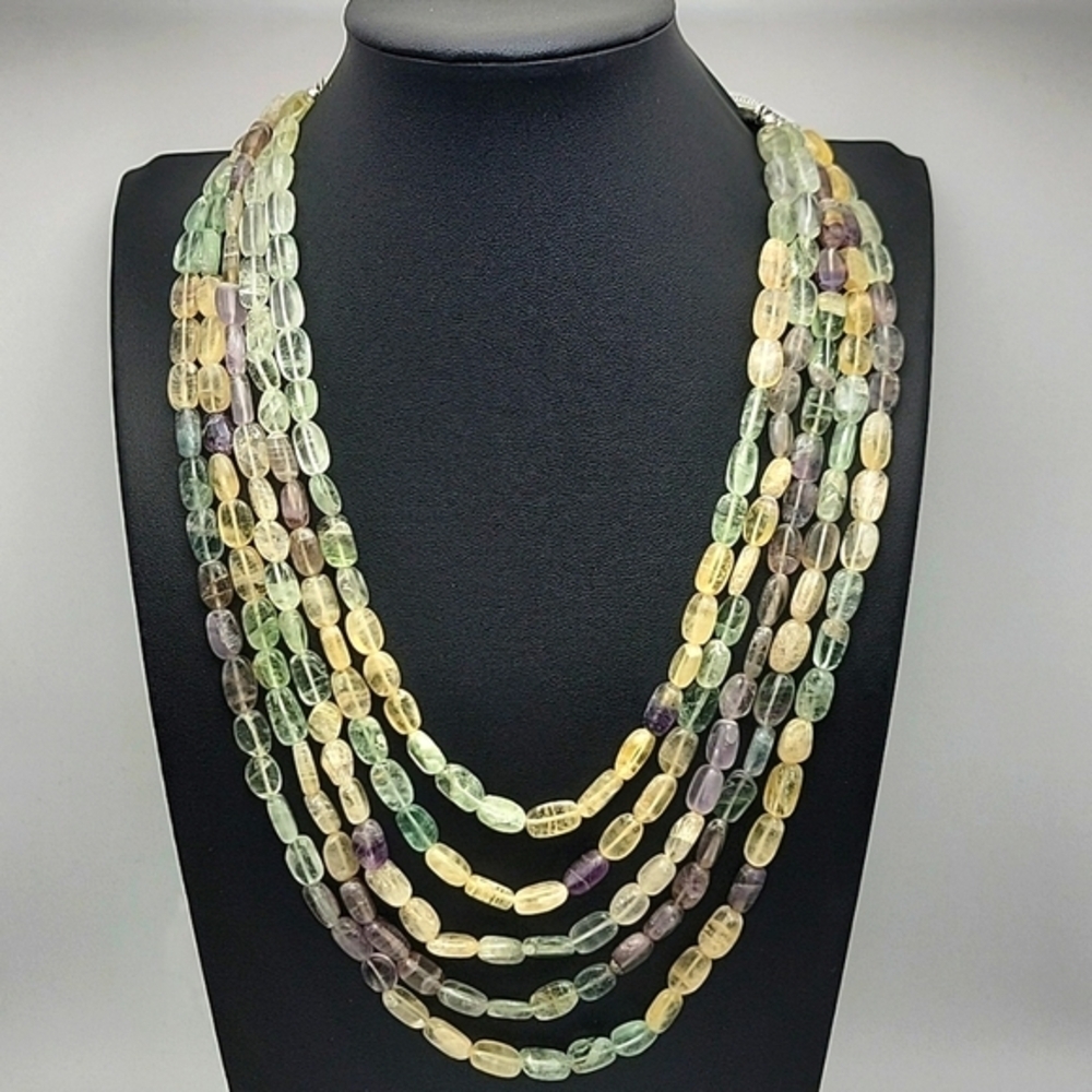5 LINE 815.00 CTS NATURAL UNTREATED RICH MULTICOLOR FLOURITE BEADS NECKLACE
